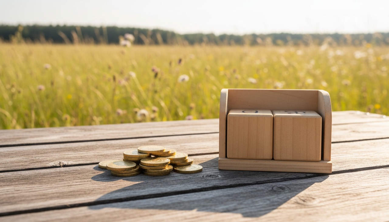 A pile of golden coins and a wooden calendar on a table in a meadow