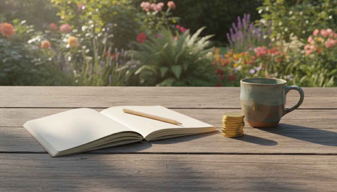 A notebook, a pencil and a stack of coins on a garden table: working out the payout threshold