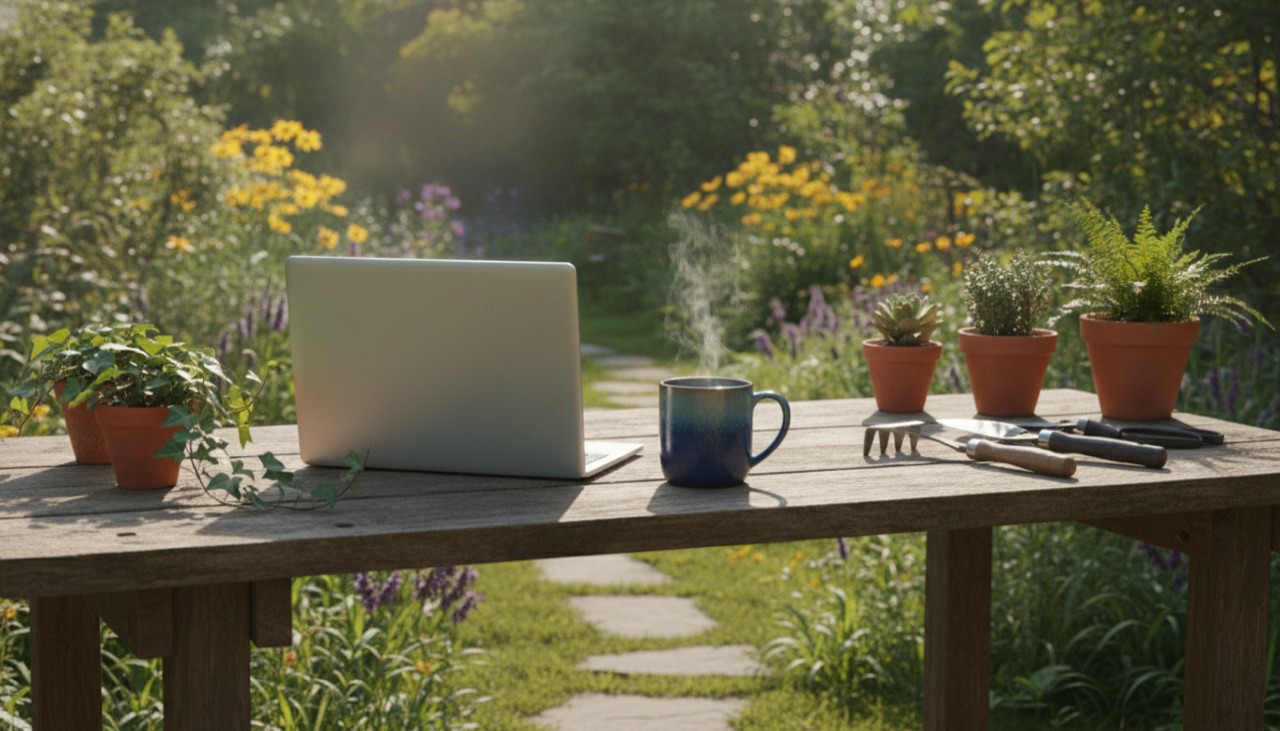A laptop on a garden workbench among potted plants