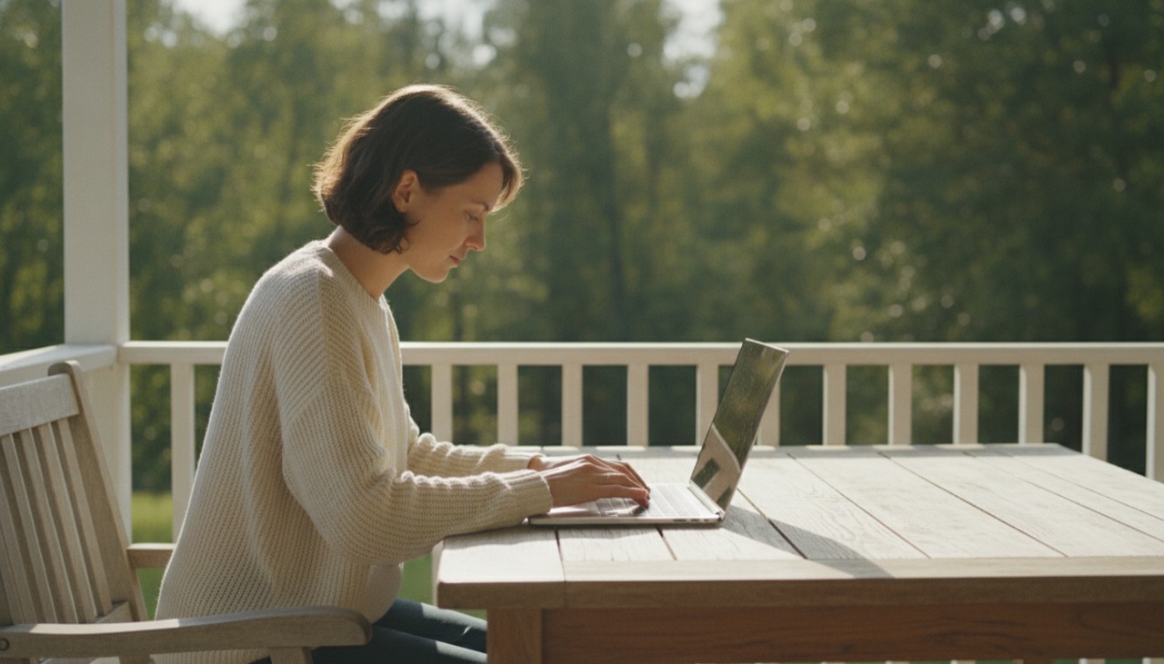 A person in a light sweater working on a laptop on a sunny porch