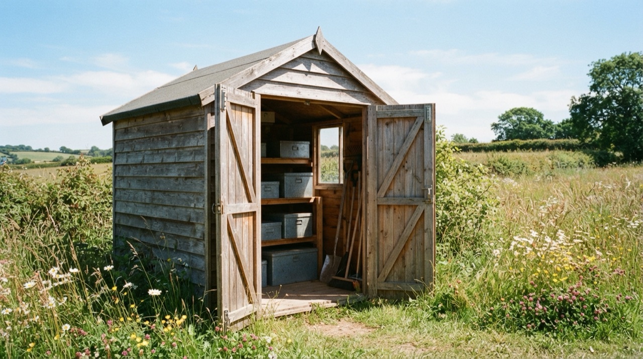 A wooden shed with open doors on a summer meadow, grey boxes on shelves inside
