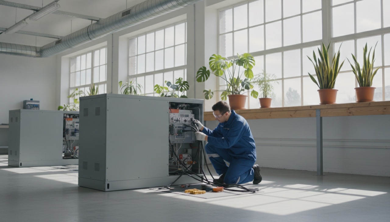 A technician in a bright workshop with large windows checking equipment cables