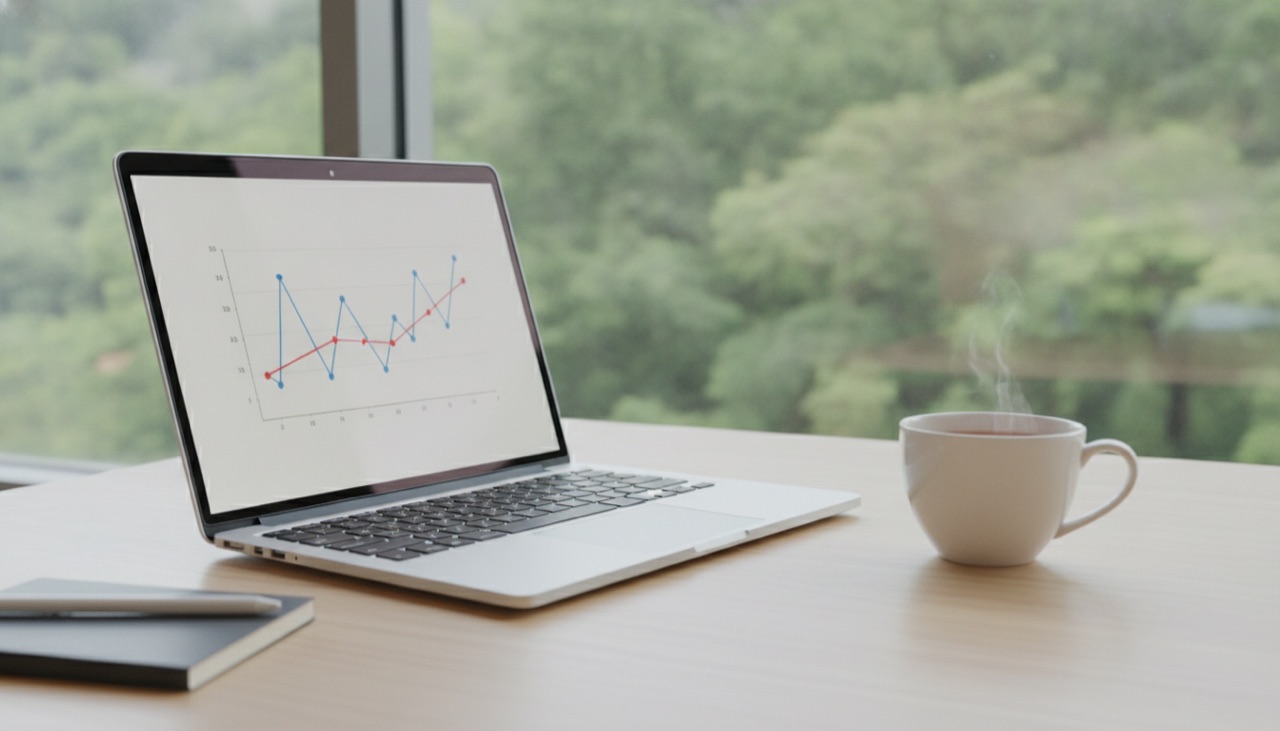 A laptop showing a chart and a cup of tea on a table by a window onto trees