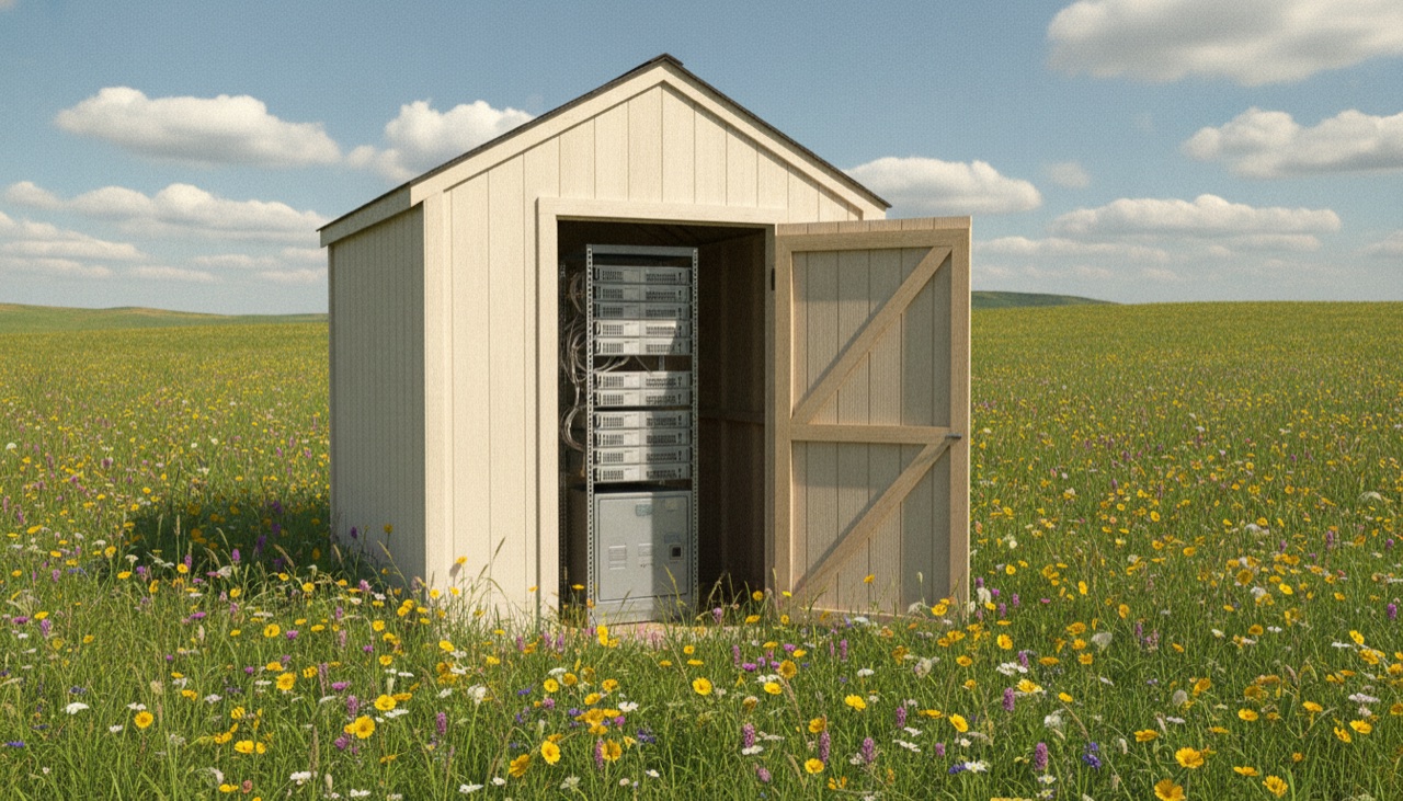 A light wooden shed with an open door in a field of wildflowers, a rack of grey hardware inside