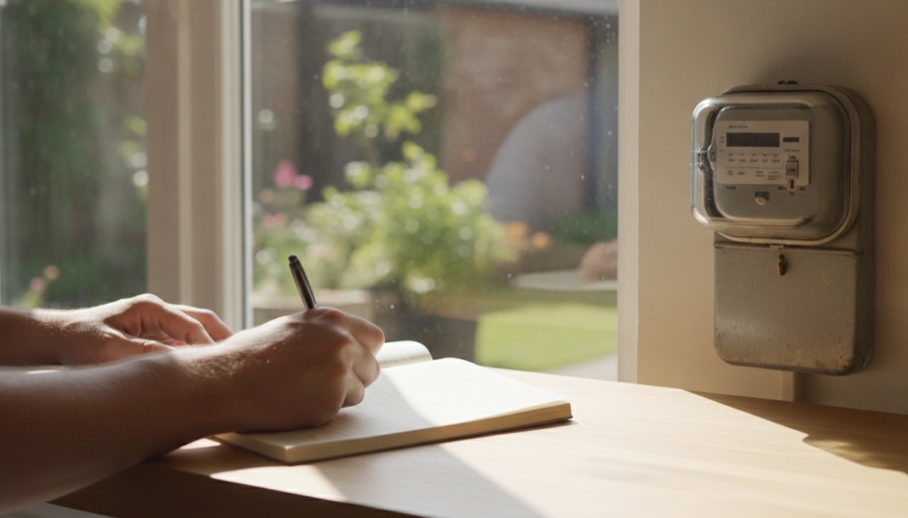 Hands writing in a notebook on a wooden table next to an electricity meter, a garden outside the window