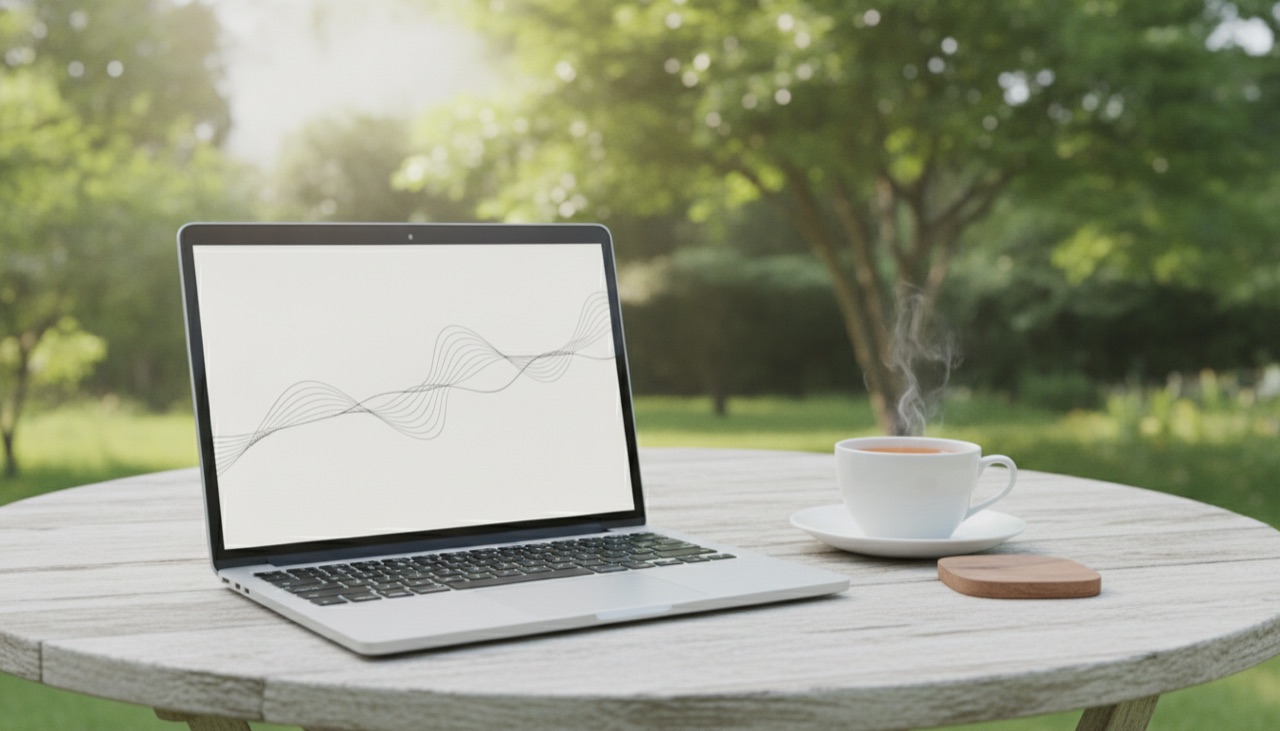 An open laptop with a line graph and a cup of tea on a garden table