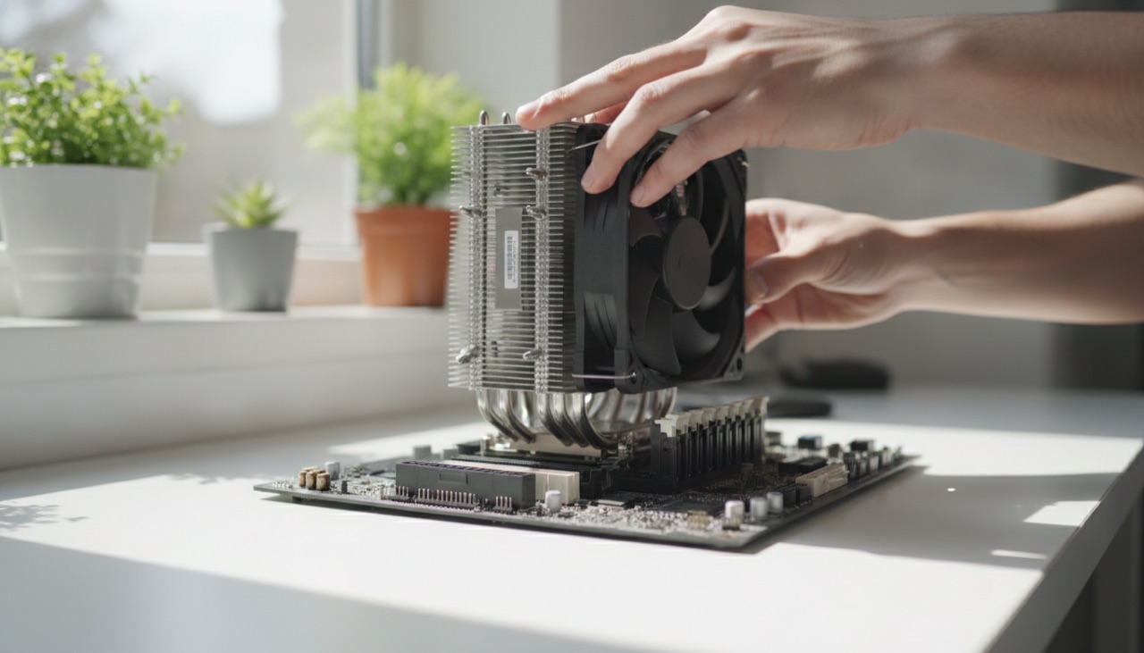 Hands fitting a silver CPU air cooler onto a motherboard on a white desk by a window