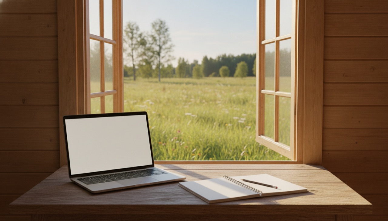 A laptop and a notebook on a wooden table by an open window onto a sunny meadow