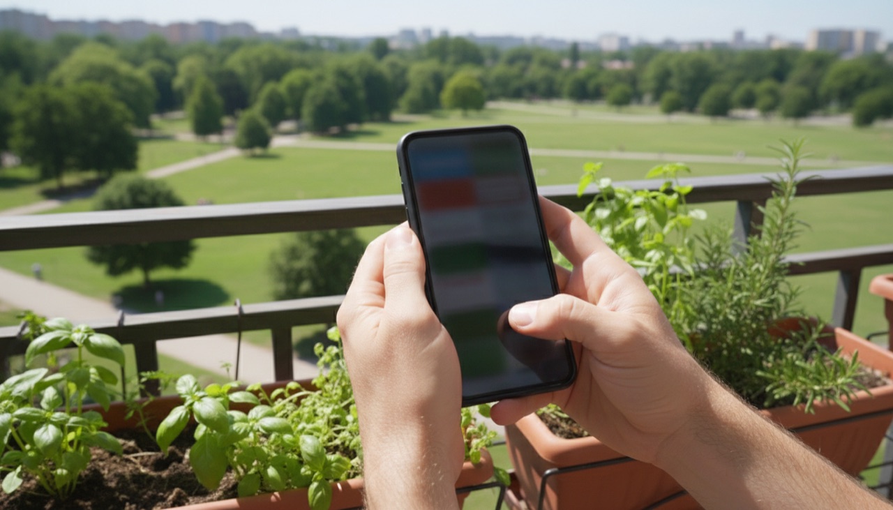 A smartphone in hand on a sunny balcony with potted herbs, a green park below