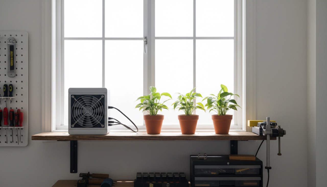 A small miner on a wooden shelf next to potted plants by a large window