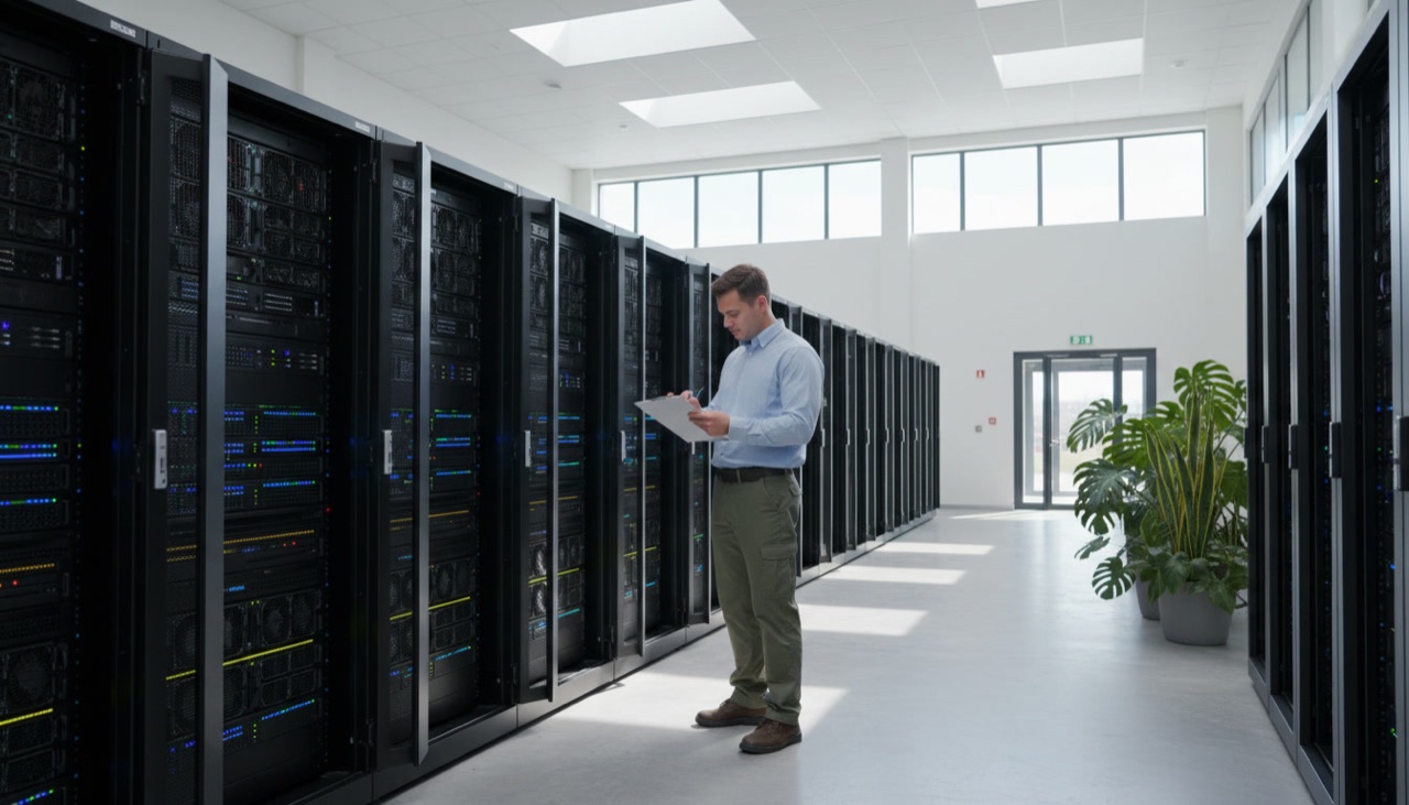 An engineer with a clipboard next to rows of mining racks in a bright warehouse