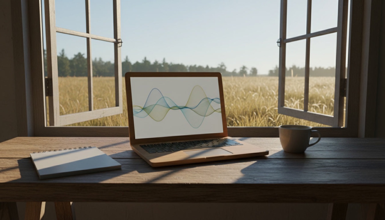 A laptop on a wooden desk by a window overlooking a meadow