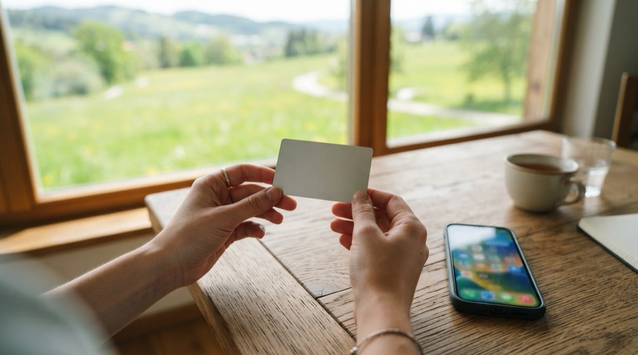 Hands holding a plain blank card above a wooden table by a window with a green meadow