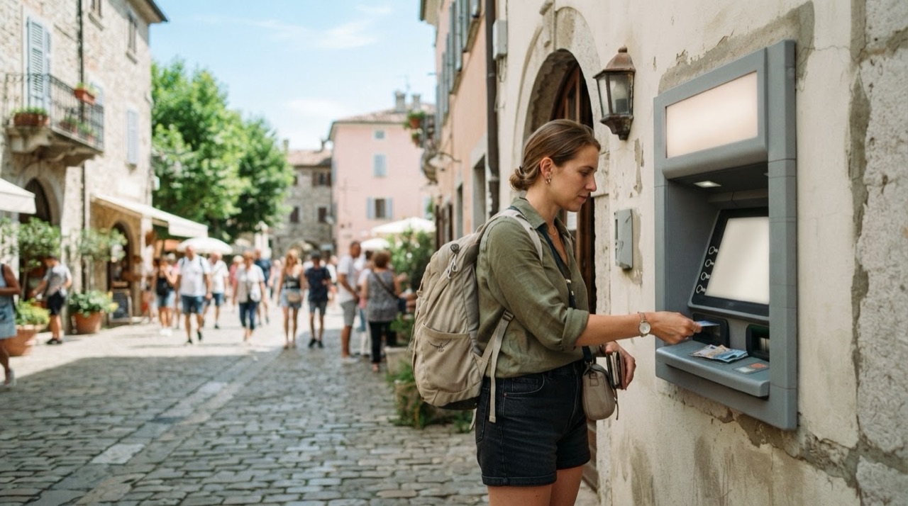 A traveler withdrawing cash from a street ATM in a sunny old town