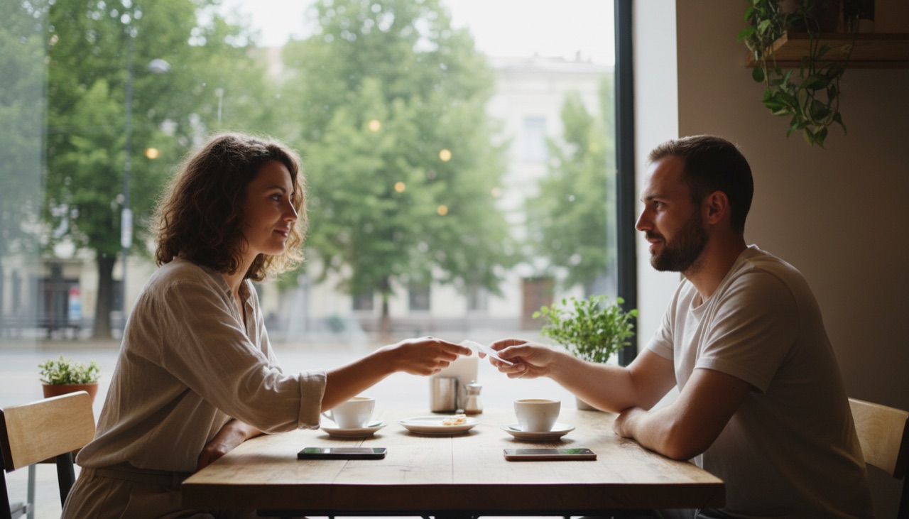 Two people at a cafe table by a window handing each other a paper receipt