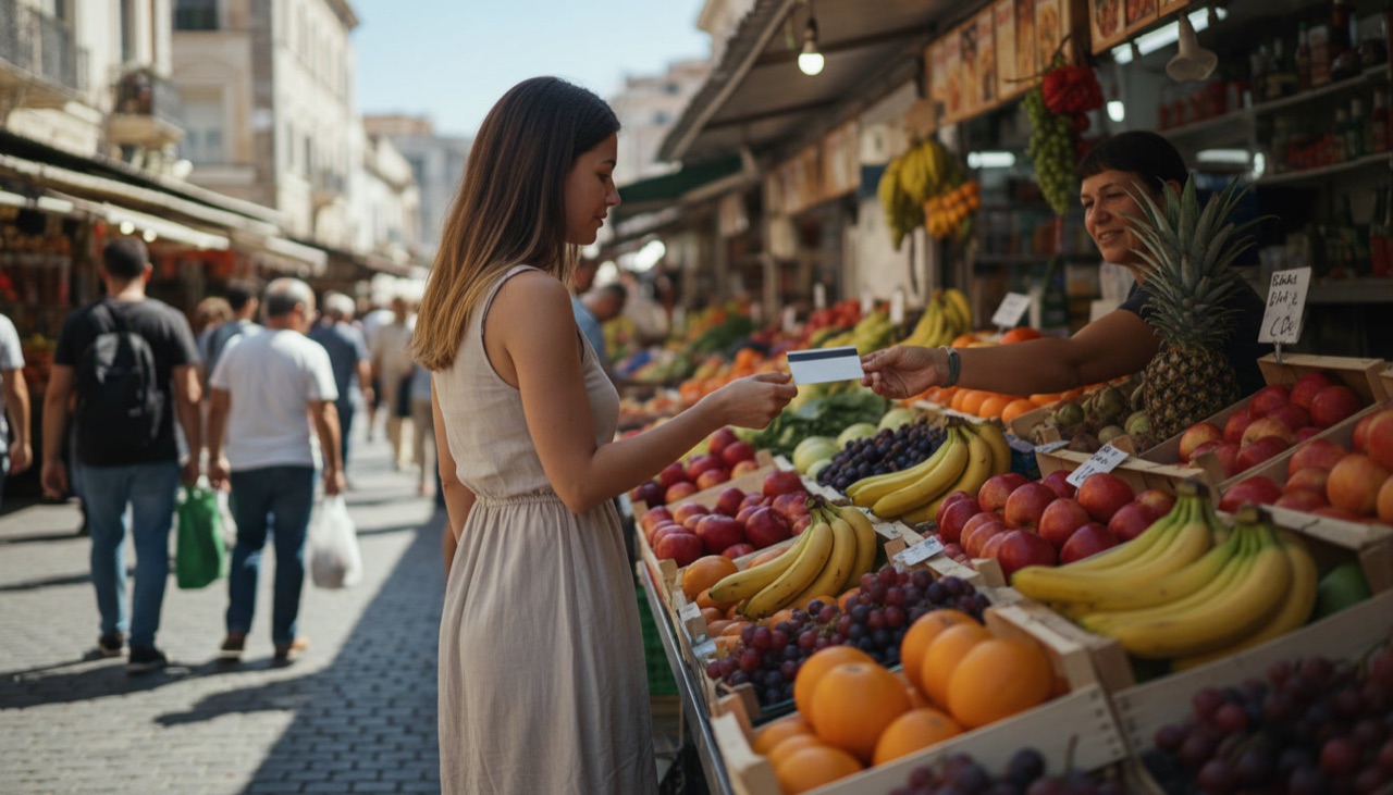 A woman paying with a card at an outdoor fruit market stall