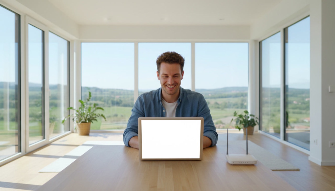 A man working at a laptop in a bright room overlooking green hills, a small router beside him