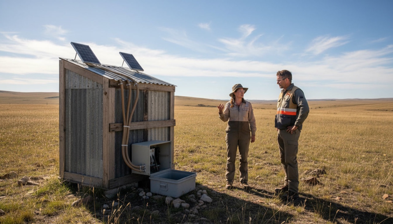 Two specialists talking next to a small shed with solar panels in an open field