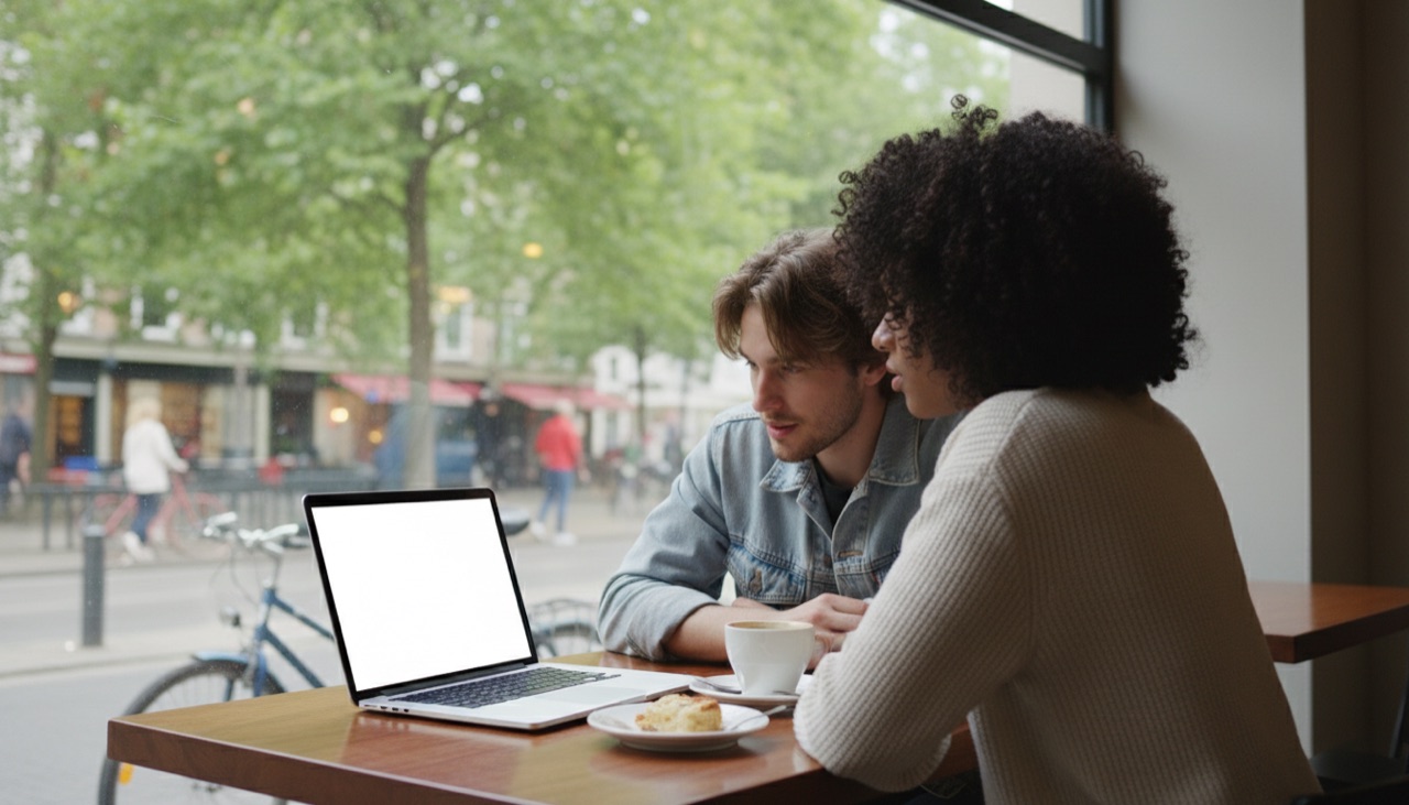 Two people at a cafe looking at a laptop together