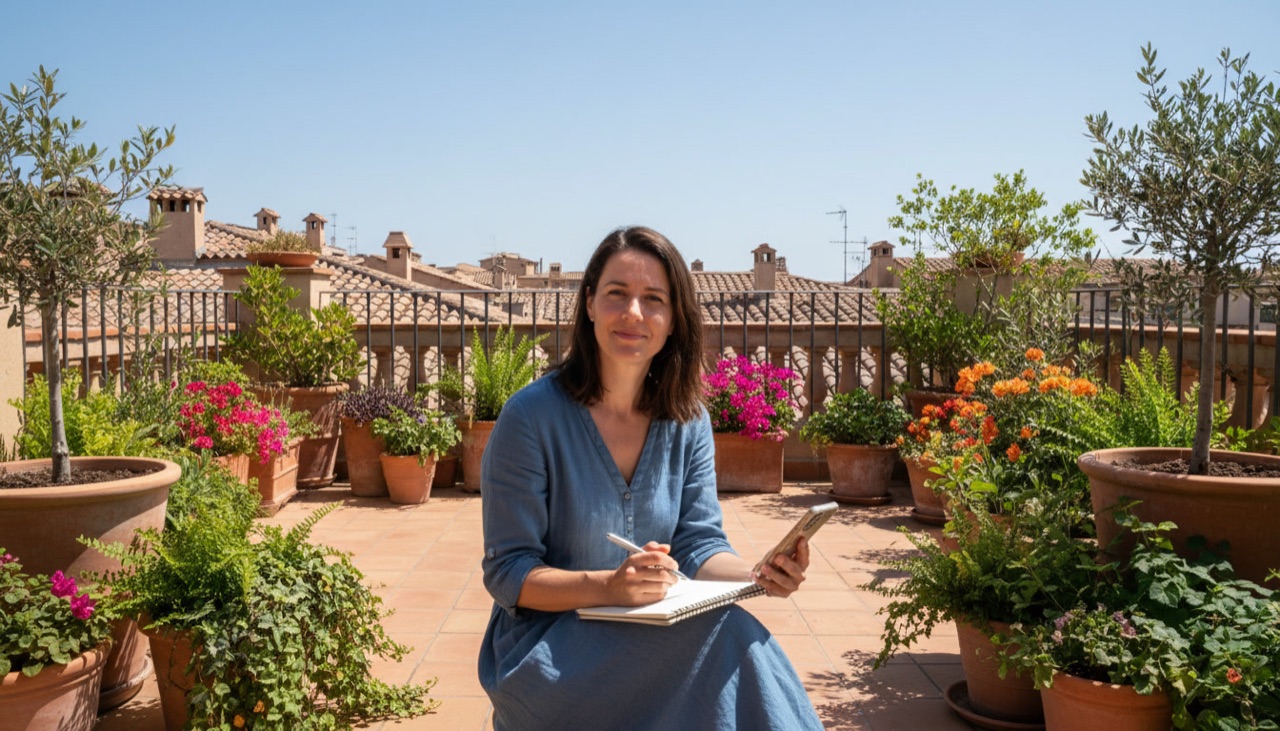 A woman on a sunny terrace with a notebook and a phone