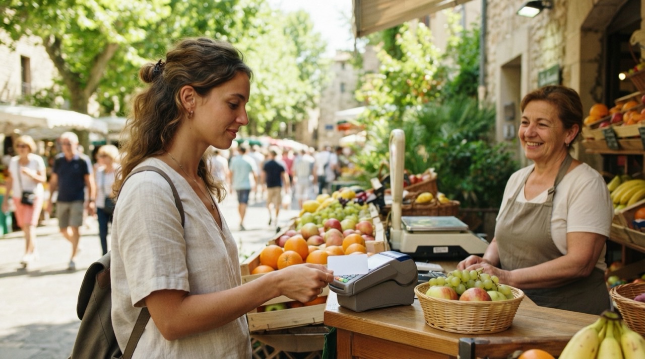 A woman paying at an outdoor market stall