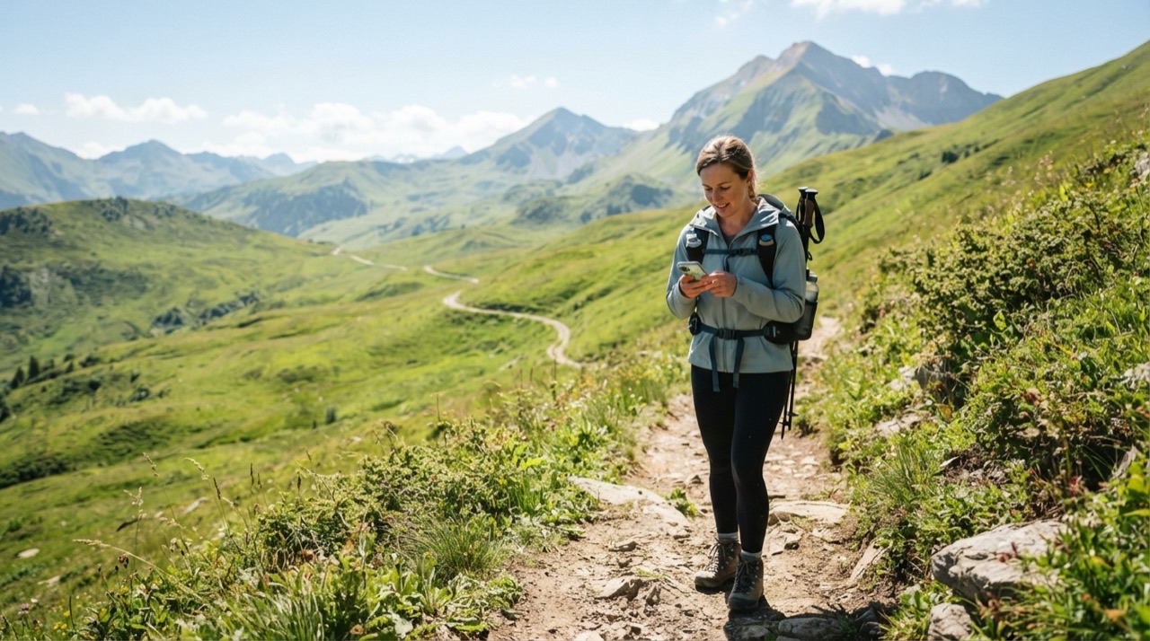 A woman checking a phone on a mountain trail