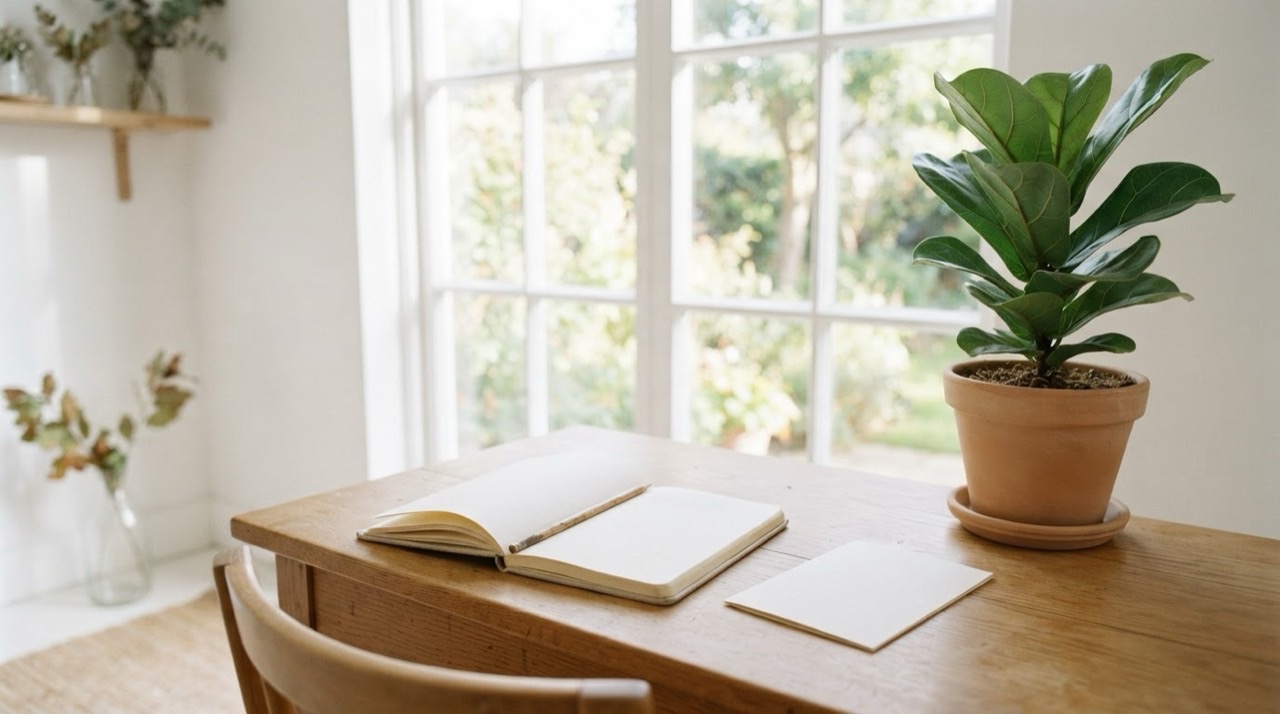 A bright desk with a notebook and a card by a window