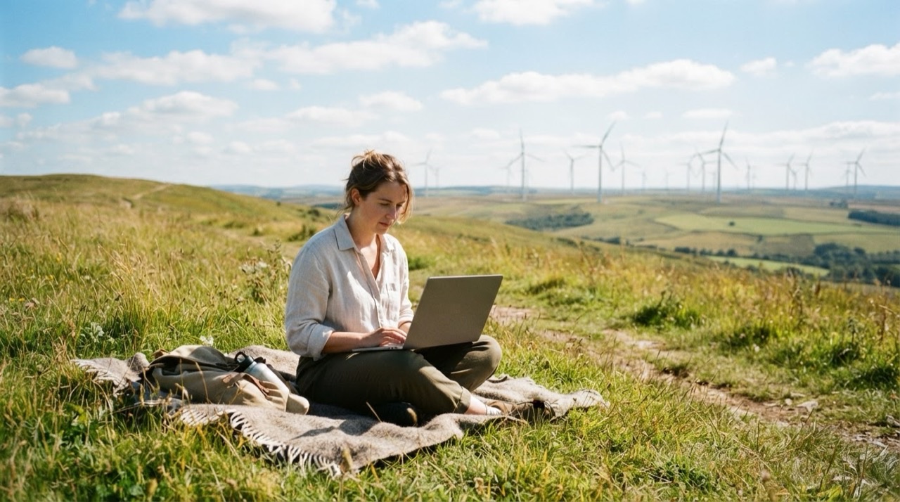 A person with a laptop on a sunny hill with wind turbines in the distance