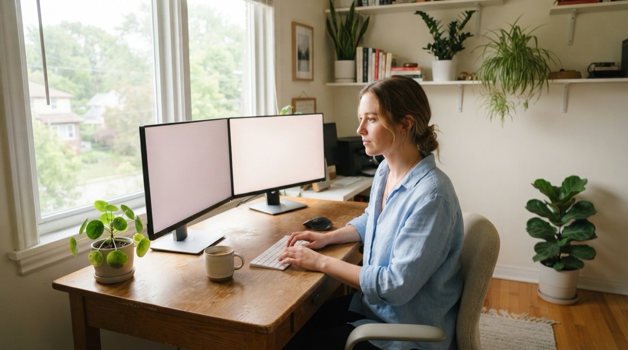 A woman at a desk with two monitors by a window