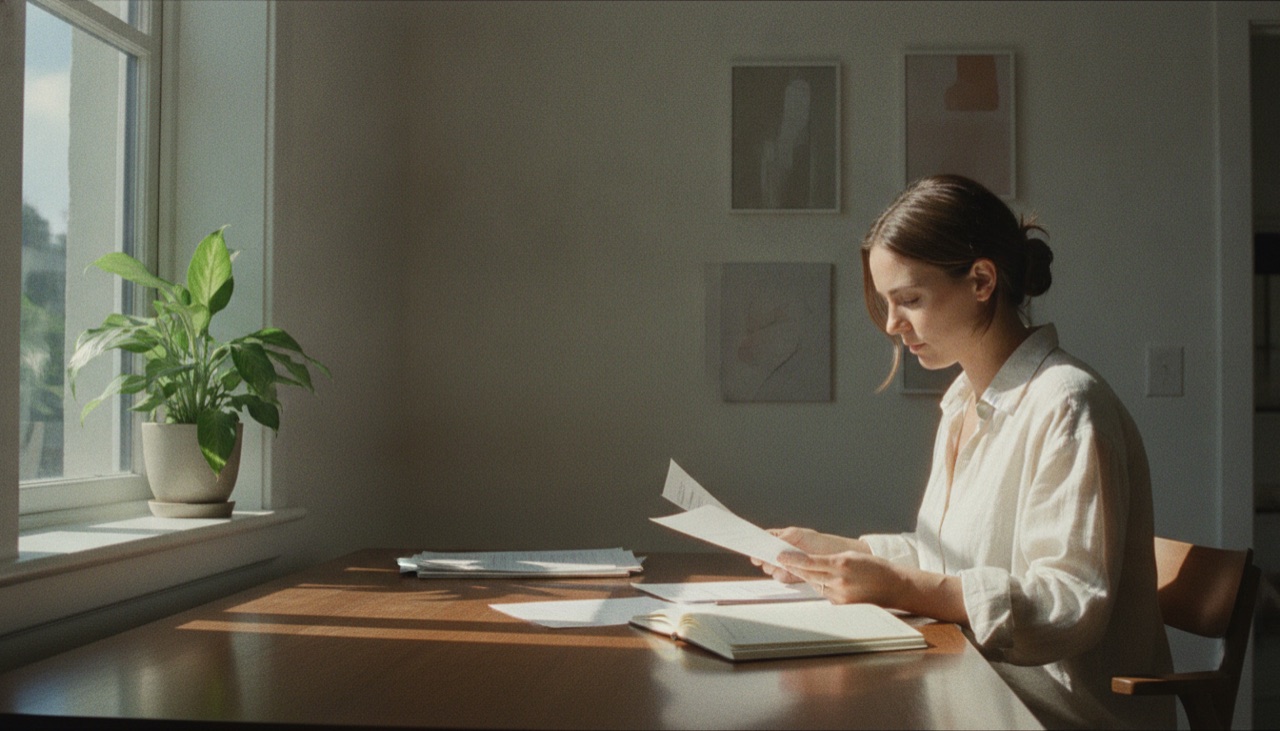 A woman reading papers at a desk by a window