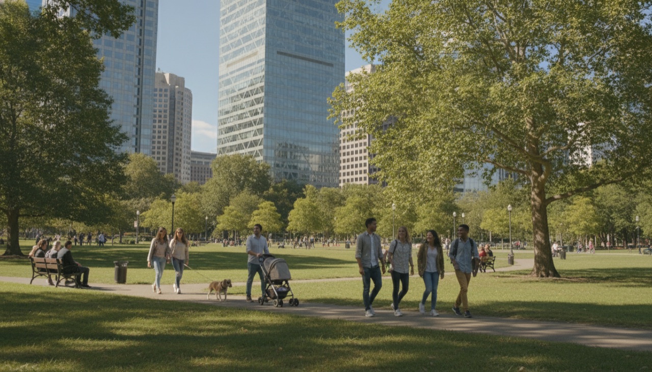 A sunny city park with glass buildings in the distance