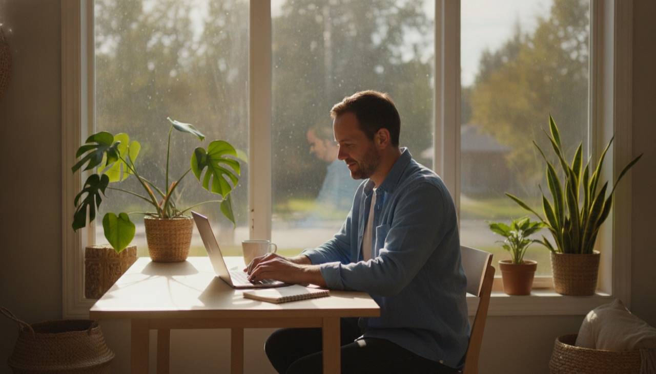 A man working on a laptop by a window with indoor plants