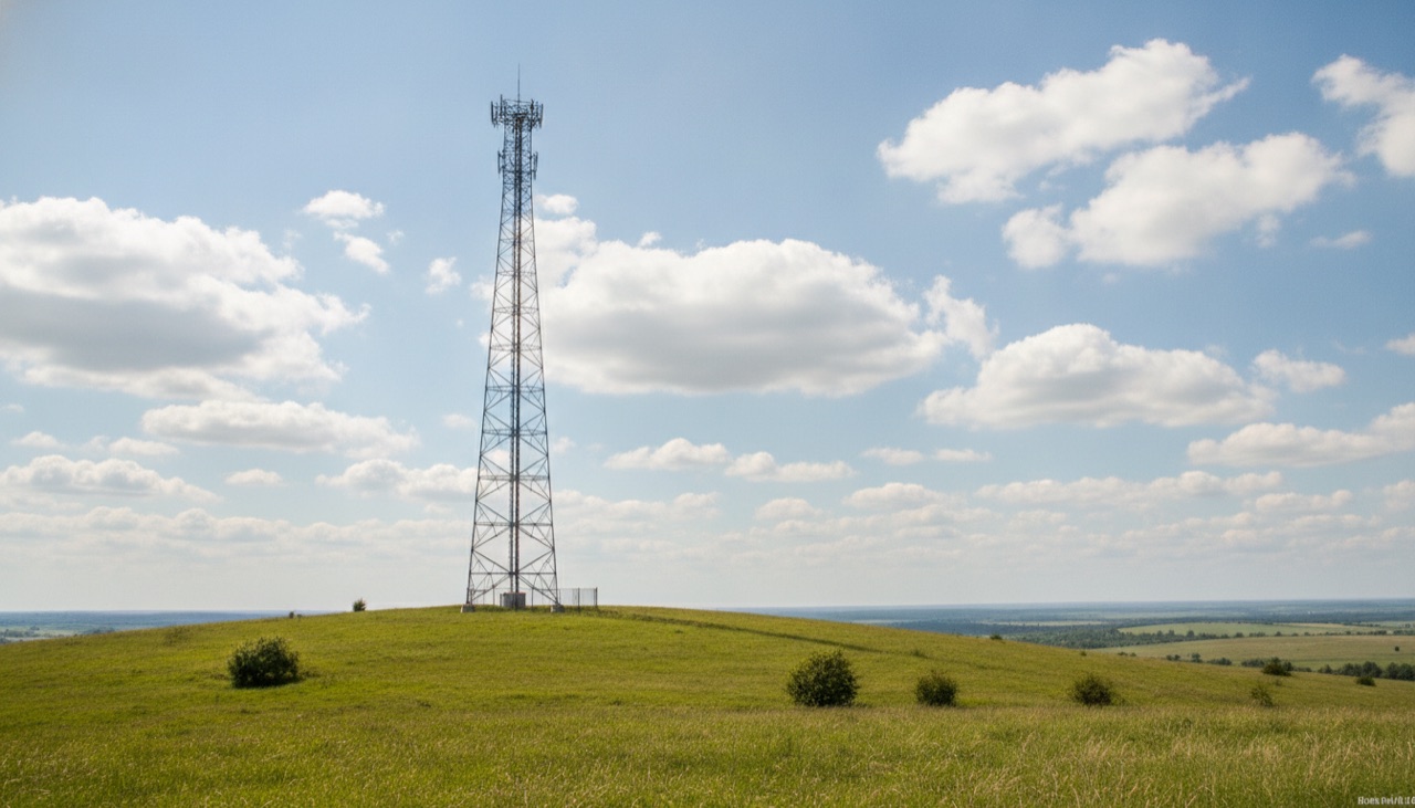 A telecom tower on a green hill under a clear sky
