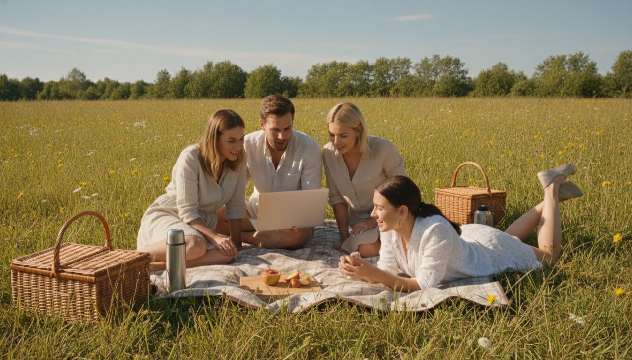 Friends at a picnic looking at a laptop in a meadow