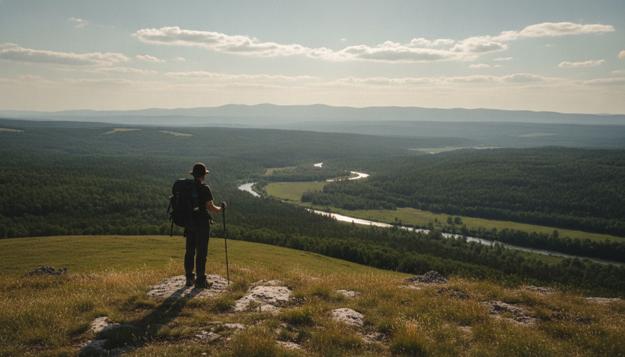 A hiker on a hilltop looking at a valley