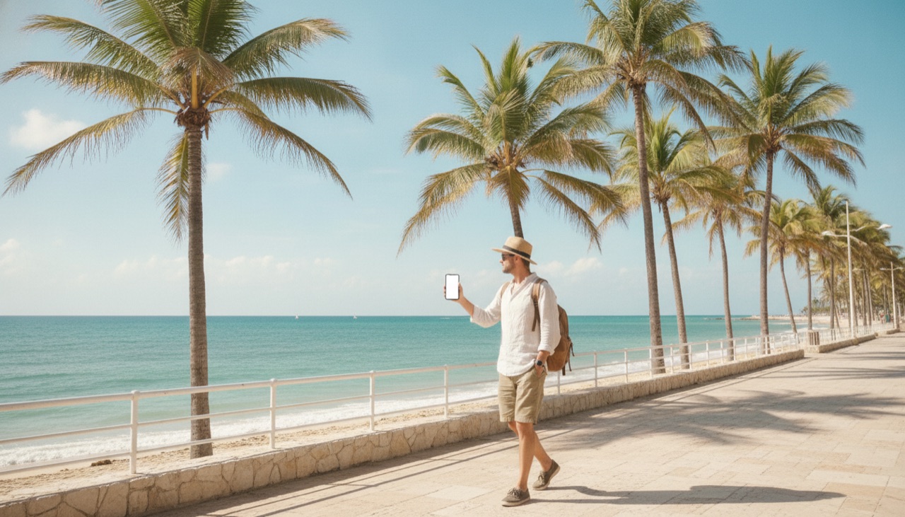 A traveler walking along a seaside promenade with a phone