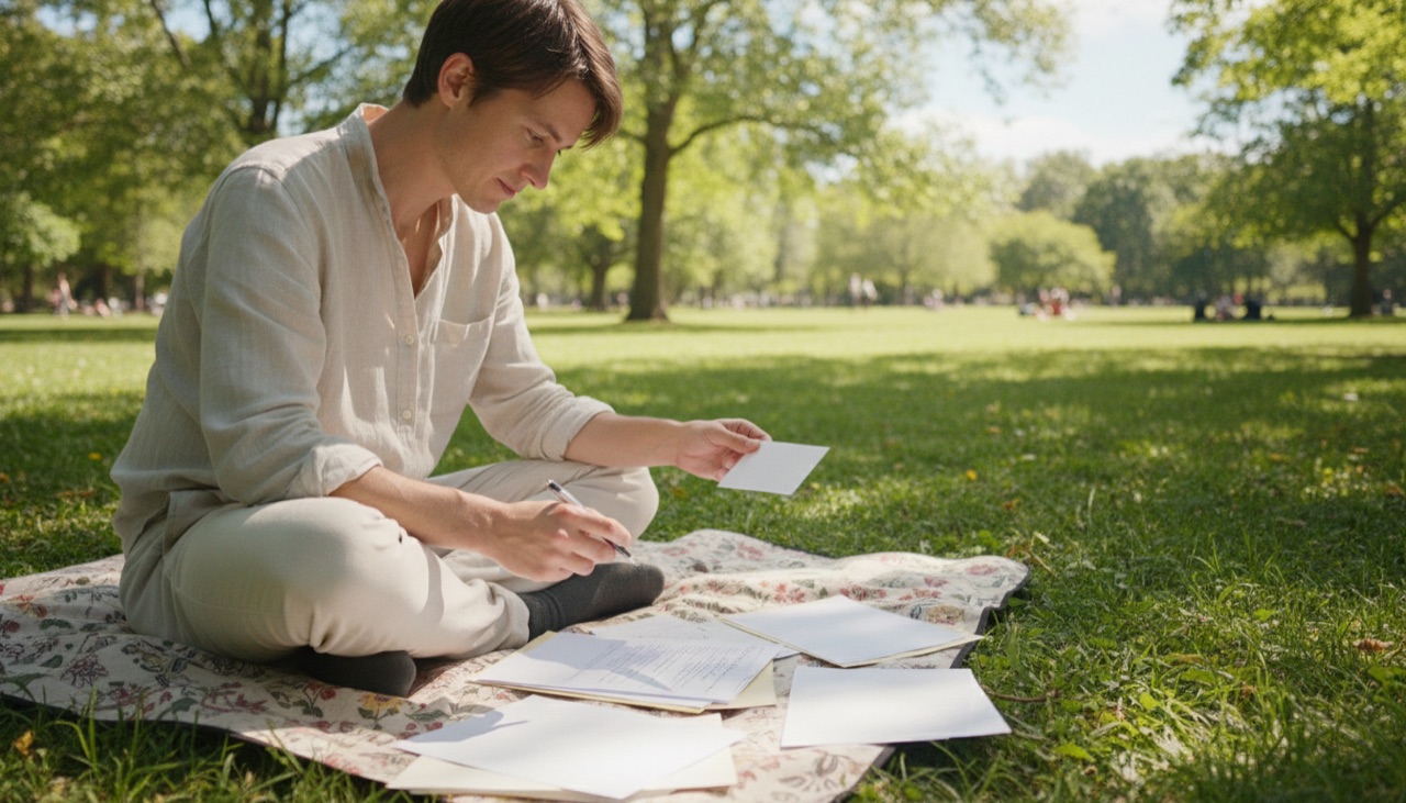 A person on a picnic blanket in a park reviewing papers