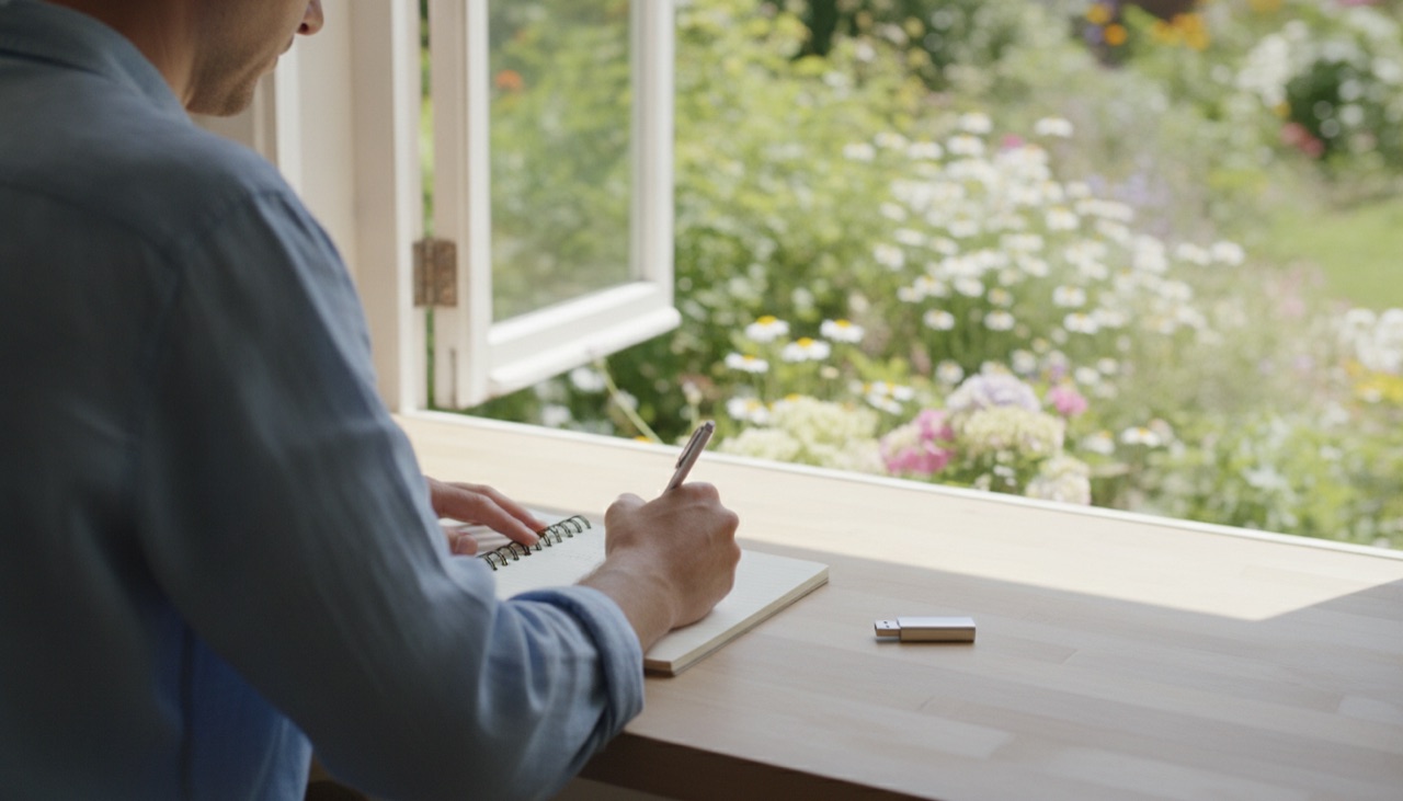 A person writing in a notebook at a desk by a window