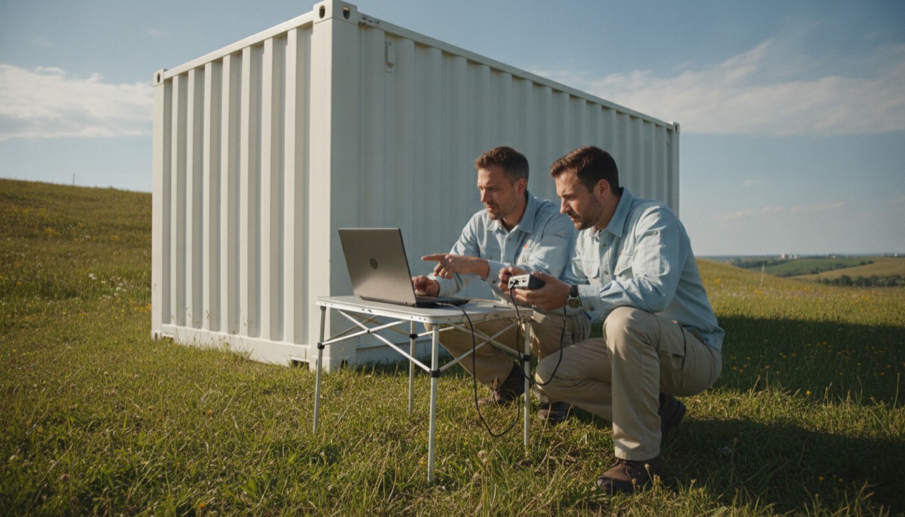 Two engineers checking a laptop beside a white container