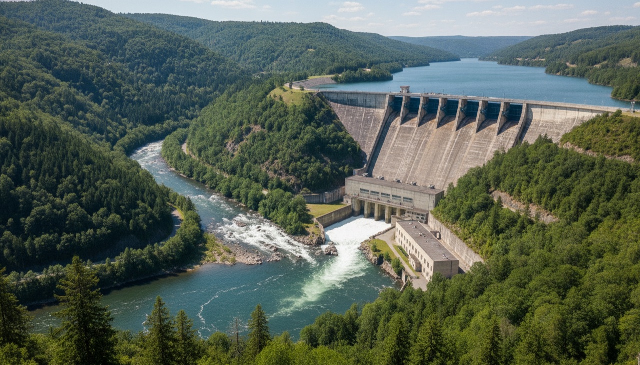 A river valley with a hydroelectric dam