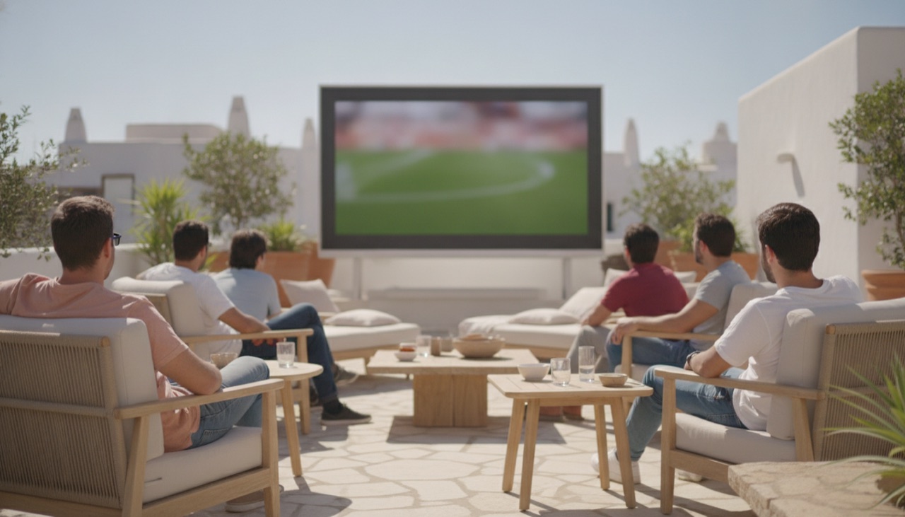 Amigos viendo un partido en una pantalla grande en una terraza soleada