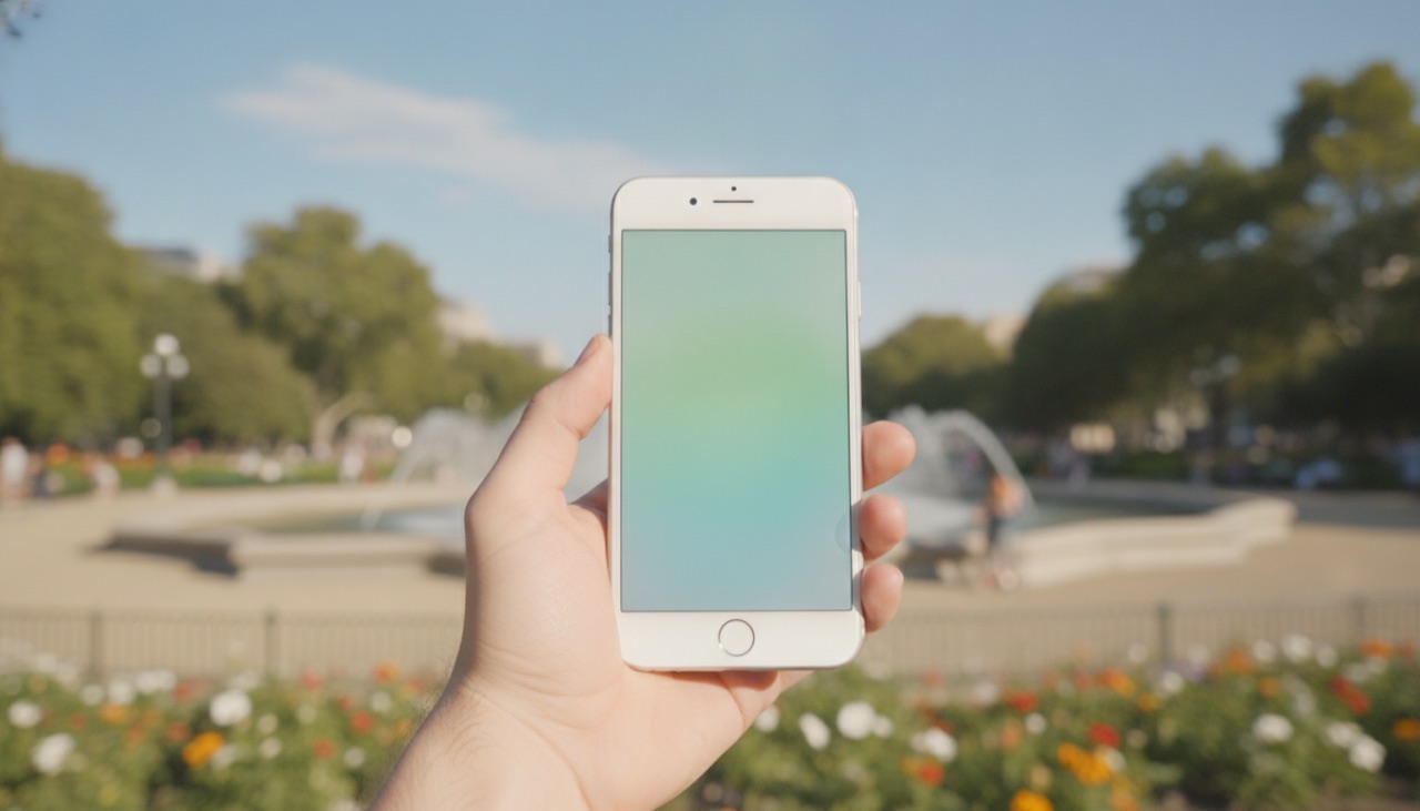 Una mano sujetando un smartphone en un parque soleado