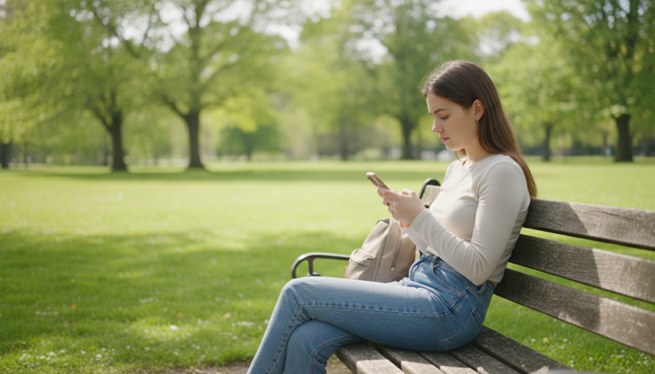 Eine junge Frau mit einem Smartphone auf einer Bank in einem sonnigen Park