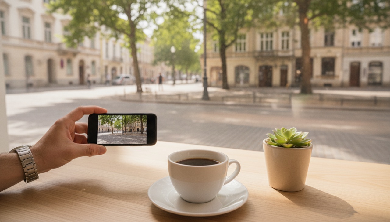 Eine Hand hält ein Smartphone über einen Couchtisch am Fenster