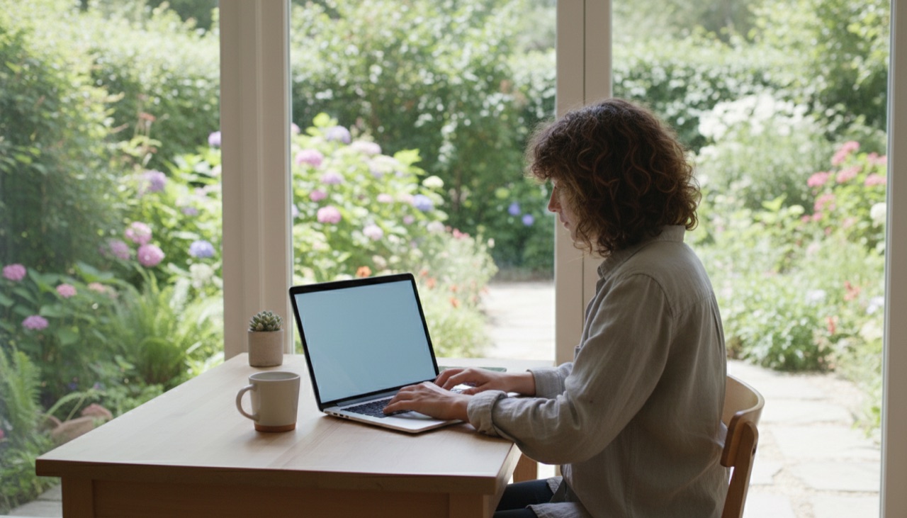 Eine Person arbeitet an einem Laptop an einem Fenster mit Blick auf einen Garten