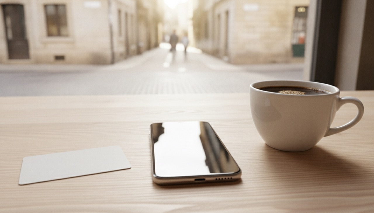 Un teléfono, una tarjeta y una taza de café sobre una mesa