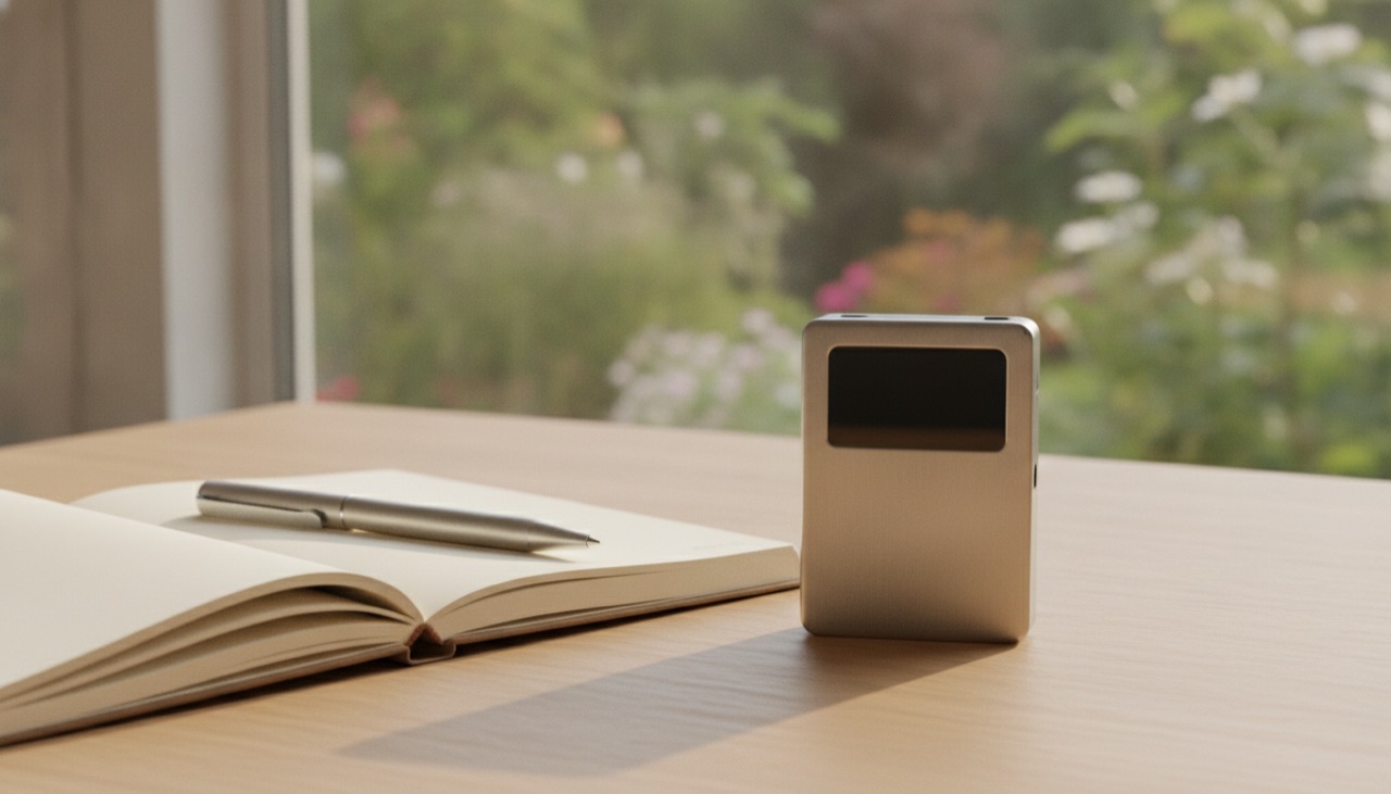 Eine Hardware-Wallet neben einem Notizbuch