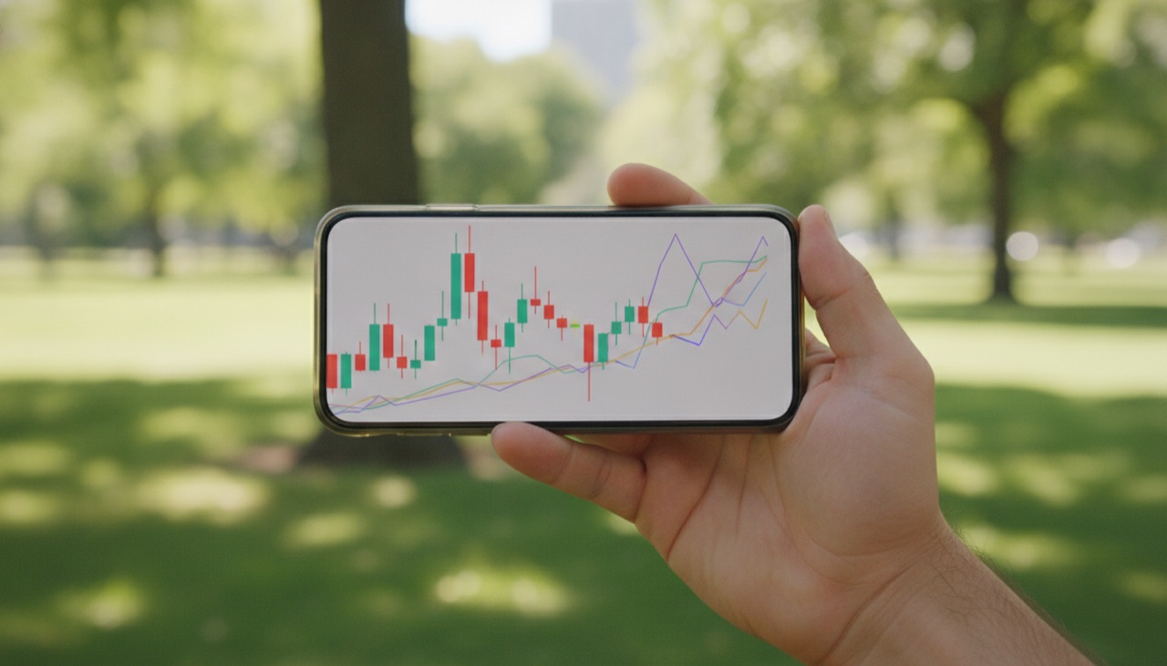 Ponsel pintar dengan grafik bursa di taman