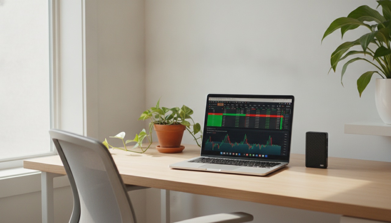 Laptop dengan layar perdagangan dan hardware wallet