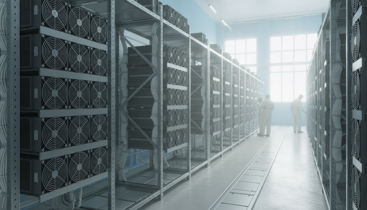 ماینرهای ASIC روی قفسهها در یک سالن روشن